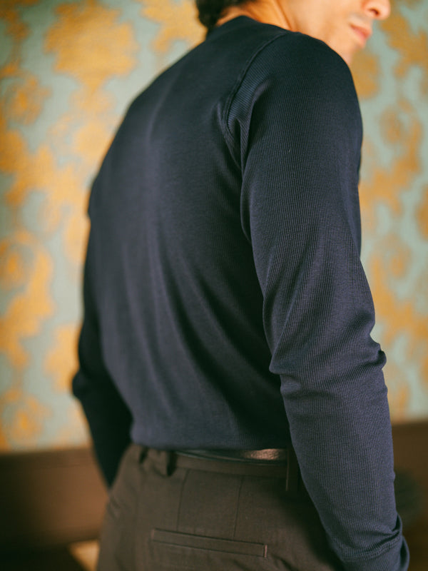 Pétrone henley côtelé homme manches longues confortable coton biologique tencel lyocell bleu marine