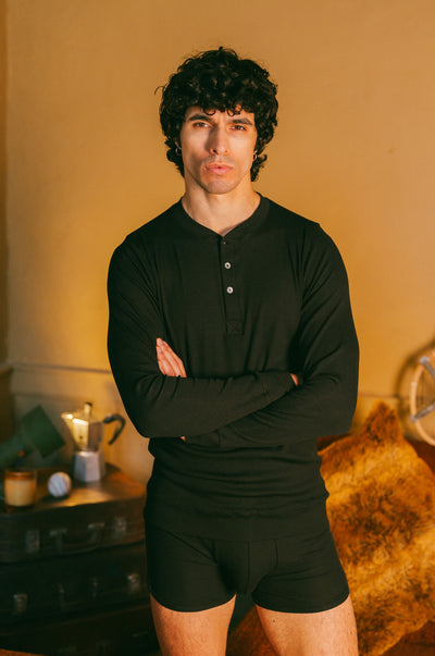 Pétrone henley côtelé homme manches longues confortable coton biologique tencel lyocell noir