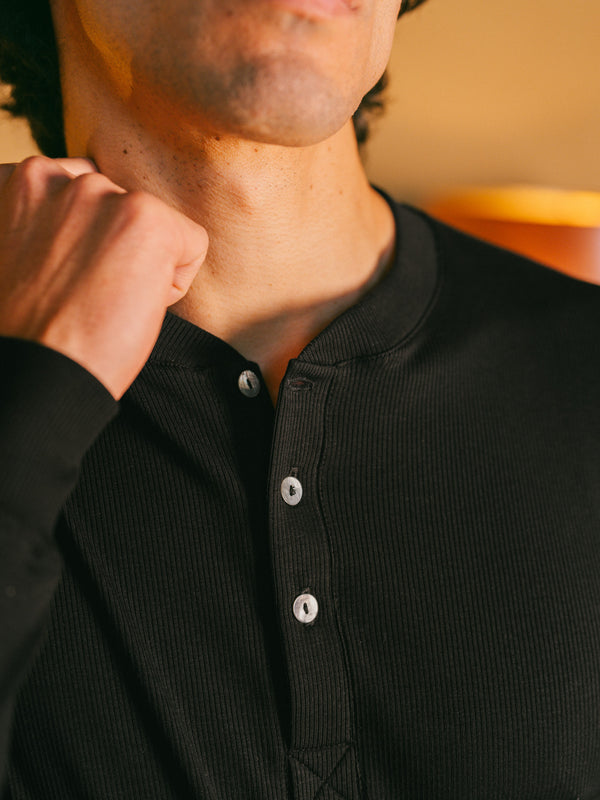 Pétrone henley côtelé homme manches longues confortable coton biologique tencel lyocell noir