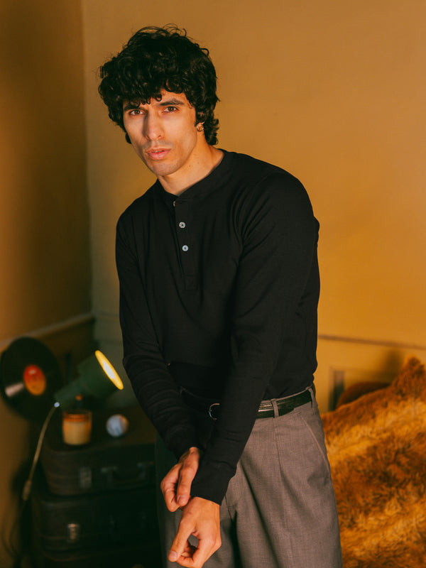 Pétrone henley côtelé homme manches longues confortable coton biologique tencel lyocell noir