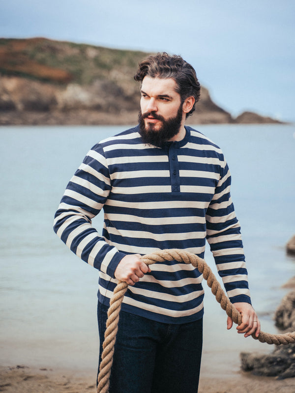 Pétrone Henley cormac manches longues coton bio marinière blanc crème bleu marine homme