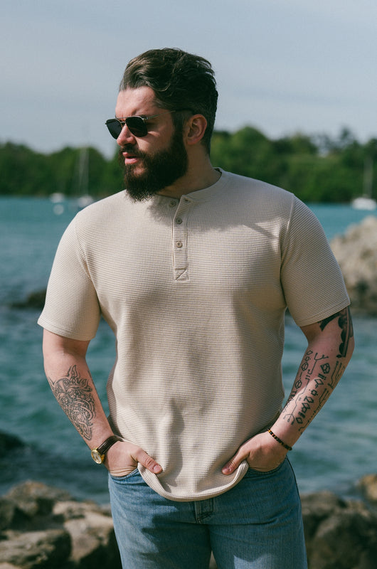 Pétrone Henley cormac manches courtes coton bio Tencel beige homme
