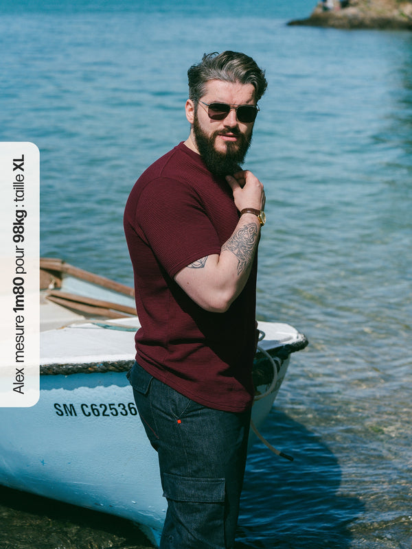 Pétrone Henley cormac manches courtes coton bio Tencel bordeaux foncé homme