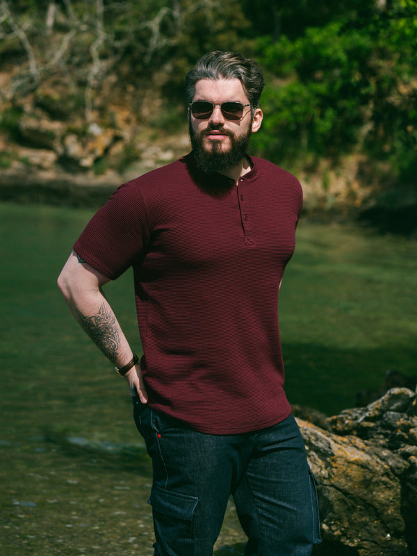 Pétrone Henley cormac manches courtes coton bio Tencel bordeaux foncé homme