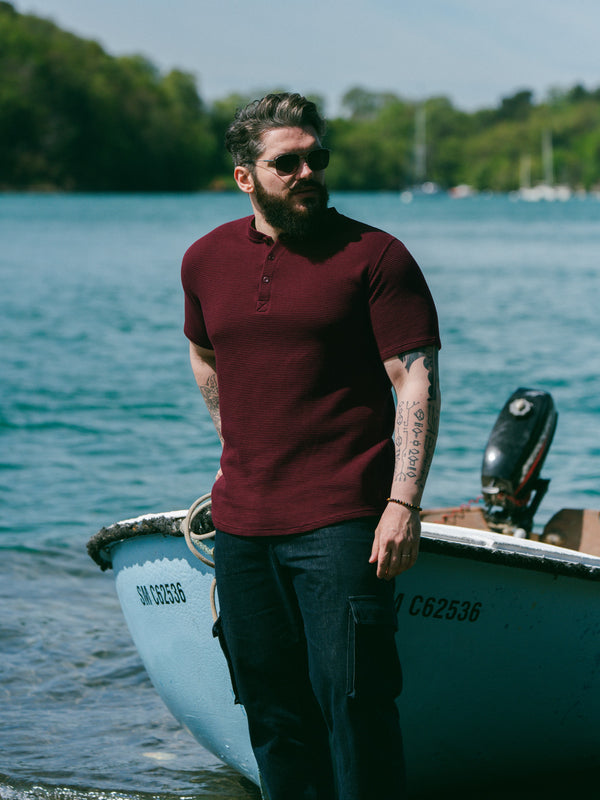 Pétrone Henley cormac manches courtes coton bio Tencel bordeaux foncé homme