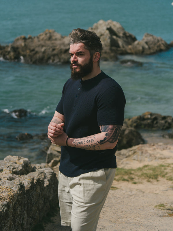 Pétrone Henley cormac manches courtes coton bio Tencel bleu marine homme