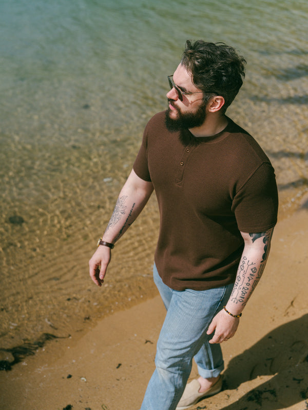 Pétrone Henley cormac manches courtes coton bio Tencel marron homme