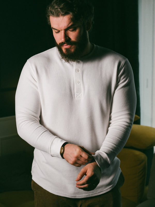 Pétrone Henley cormac manches longues coton bio Tencel blanc crème homme