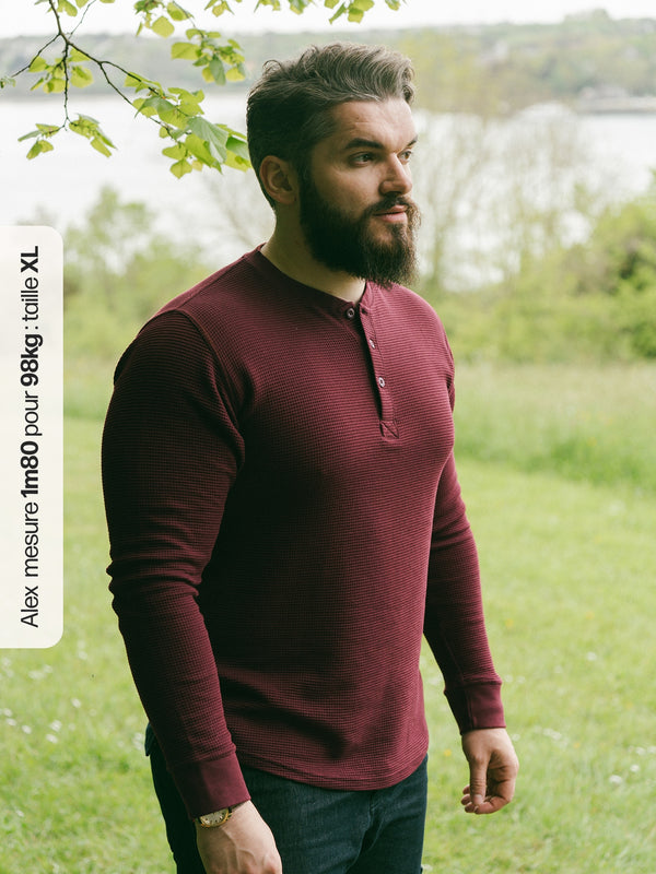 Pétrone Henley cormac manches longues coton bio Tencel bordeaux foncé homme
