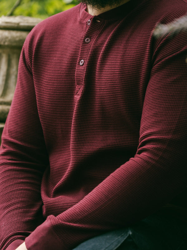 Pétrone Henley cormac manches longues coton bio Tencel bordeaux foncé homme