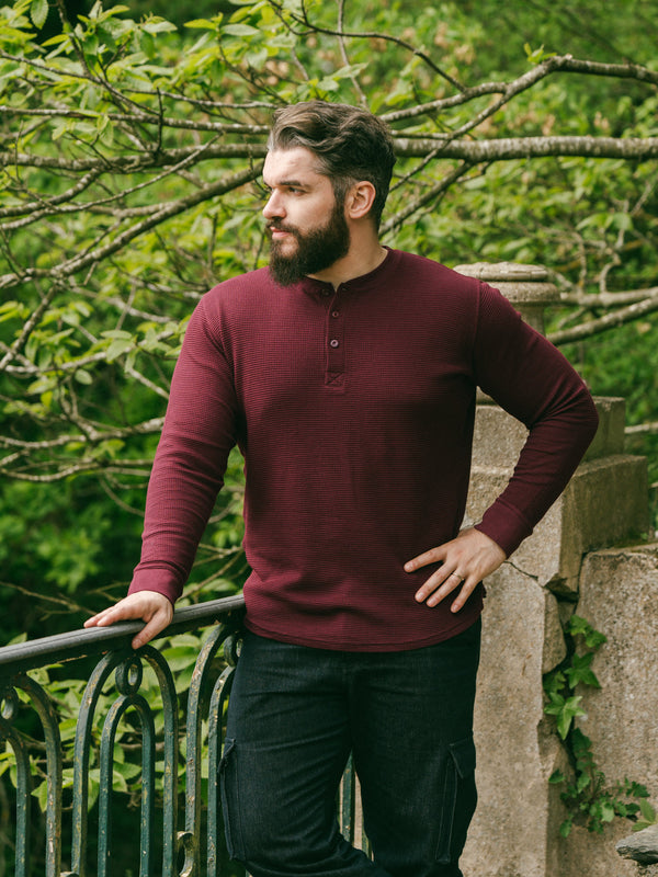 Pétrone Henley cormac manches longues coton bio Tencel bordeaux foncé homme