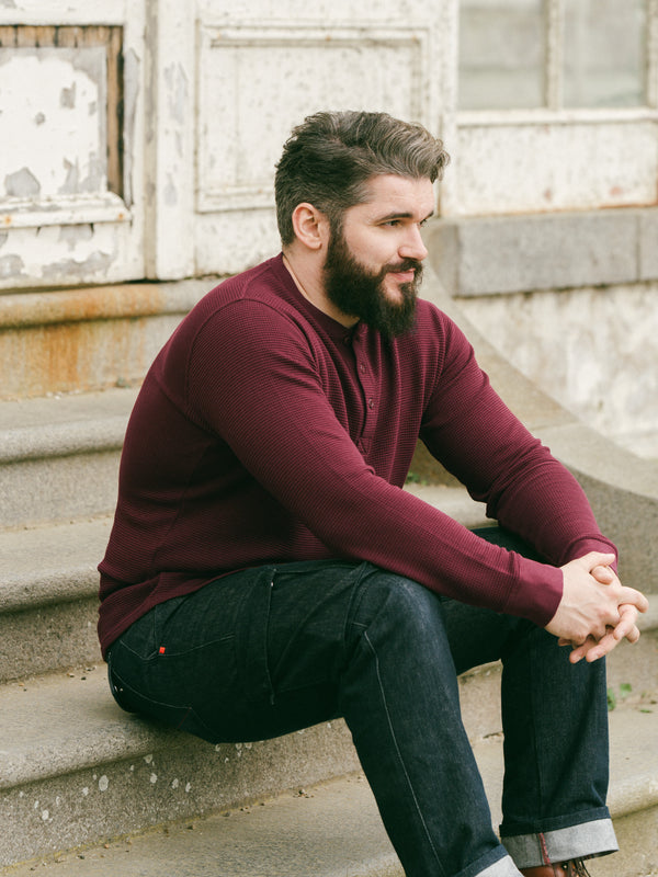 Pétrone Henley cormac manches longues coton bio Tencel bordeaux foncé homme
