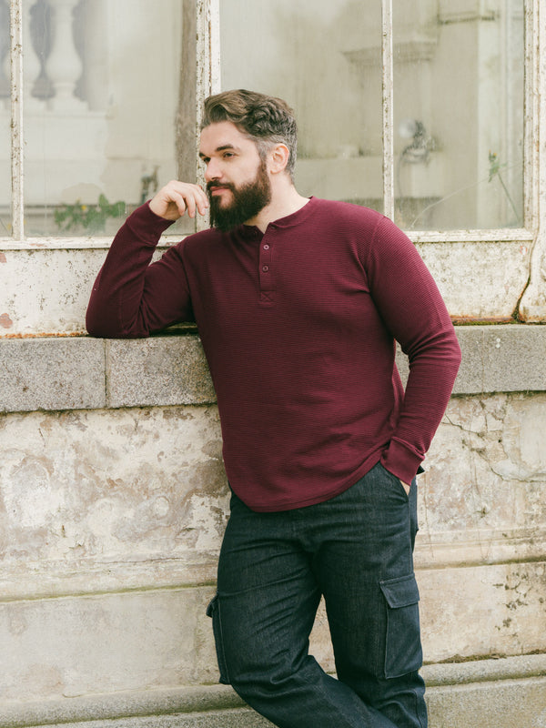 Pétrone Henley cormac manches longues coton bio Tencel bordeaux foncé homme