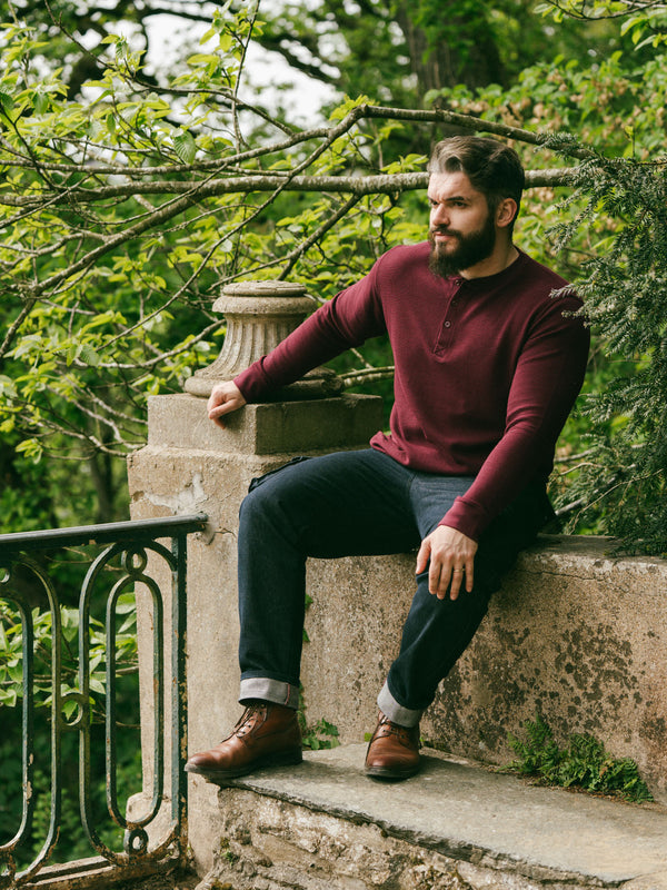 Pétrone Henley cormac manches longues coton bio Tencel bordeaux foncé homme