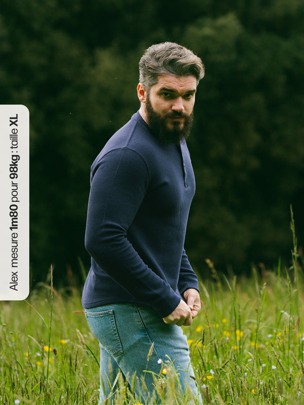Pétrone Henley cormac manches longues coton bio Tencel bleu marine homme