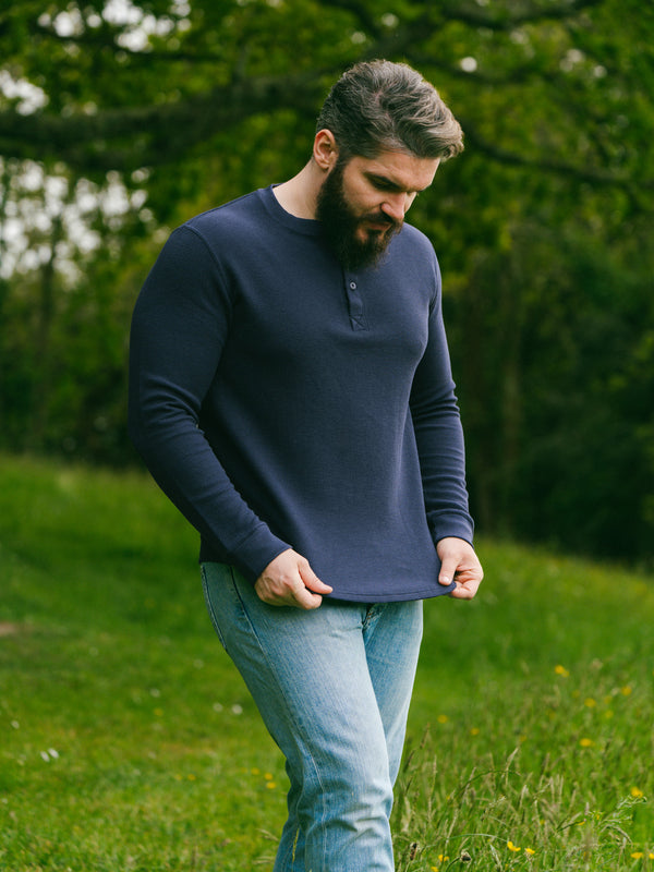 Pétrone Henley cormac manches longues coton bio Tencel bleu marine homme