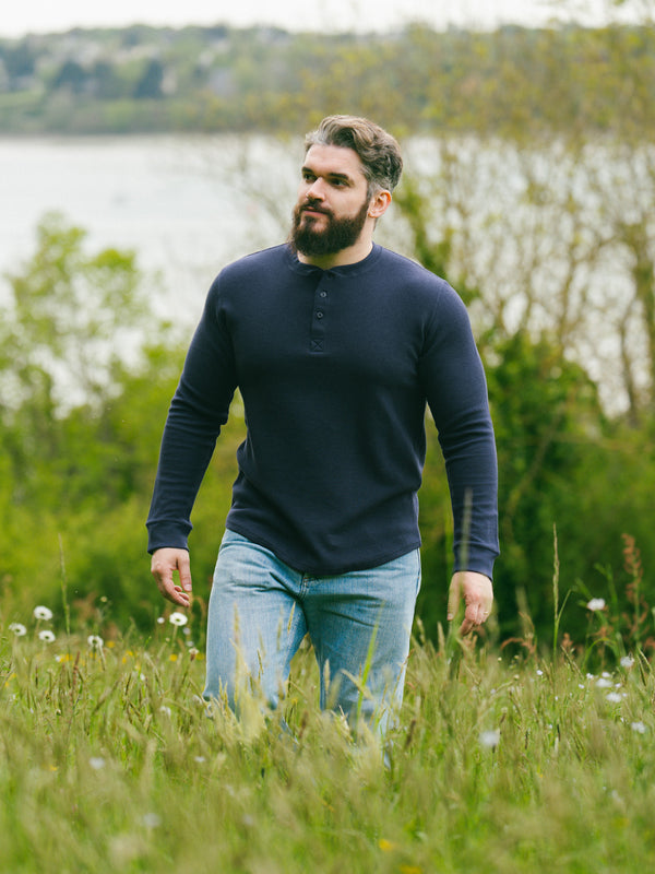 Pétrone Henley cormac manches longues coton bio Tencel bleu marine homme