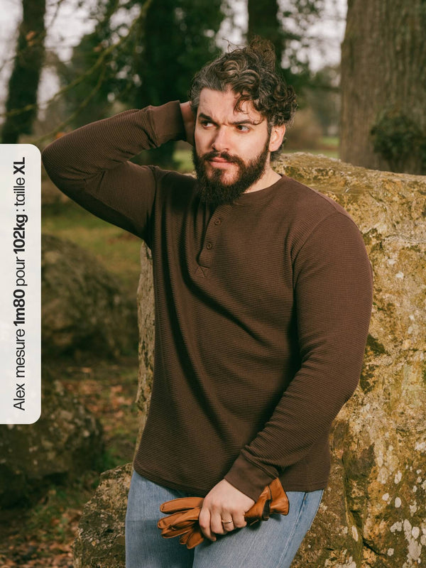 Pétrone Henley cormac manches longues coton bio Tencel marron homme