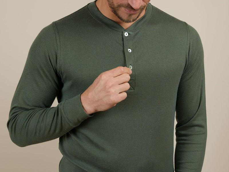 Pétrone Henley manches longues laine mérinos Tencel Vert Kaki homme