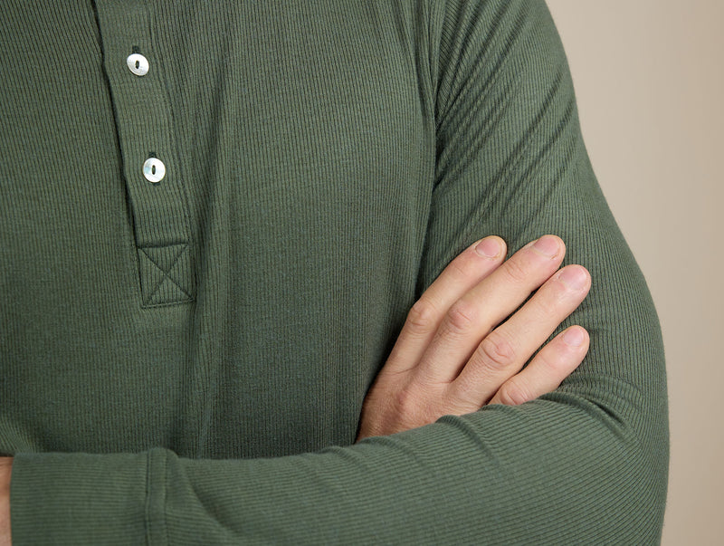 Pétrone Henley manches longues laine mérinos Tencel Vert Kaki homme