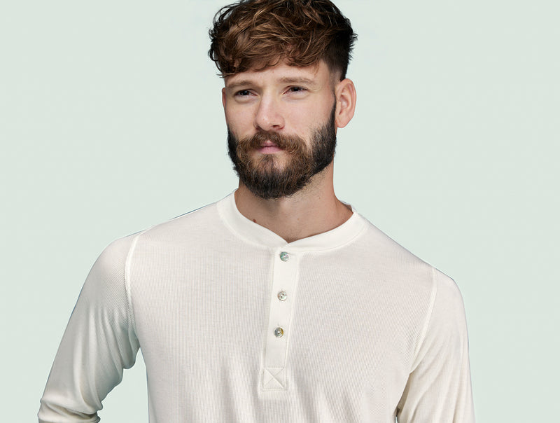 Pétrone Henley manches longues laine mérinos Tencel blanc crème homme