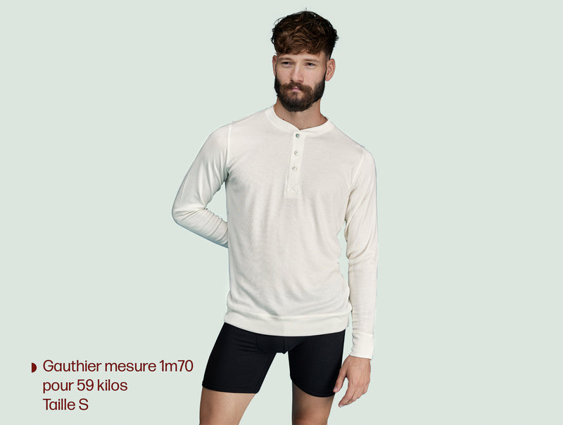 Pétrone Henley manches longues laine mérinos Tencel blanc crème homme