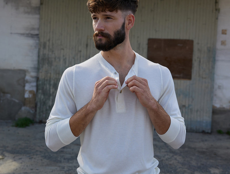 Pétrone Henley manches longues laine mérinos Tencel blanc crème homme