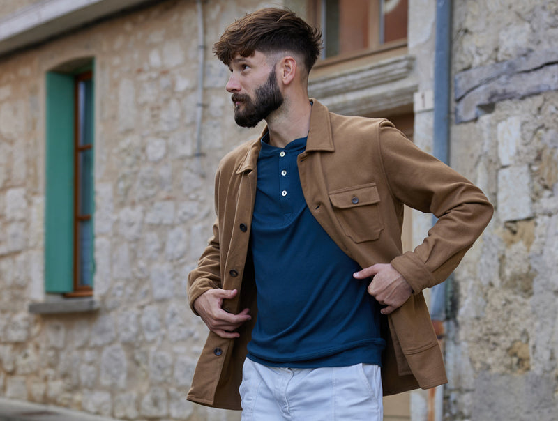 Pétrone Henley manches longues laine mérinos Tencel bleu pétrole homme