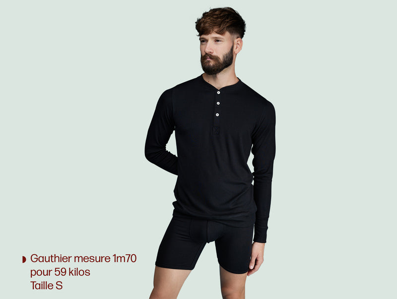 Pétrone Henley manches longues laine mérinos Tencel noir homme