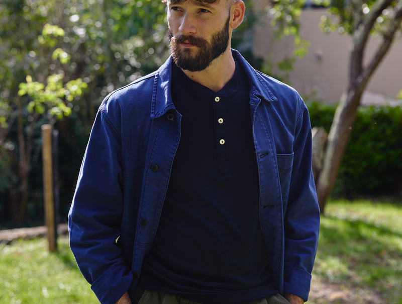 Pétrone Henley manches longues laine mérinos Tencel bleu marine homme