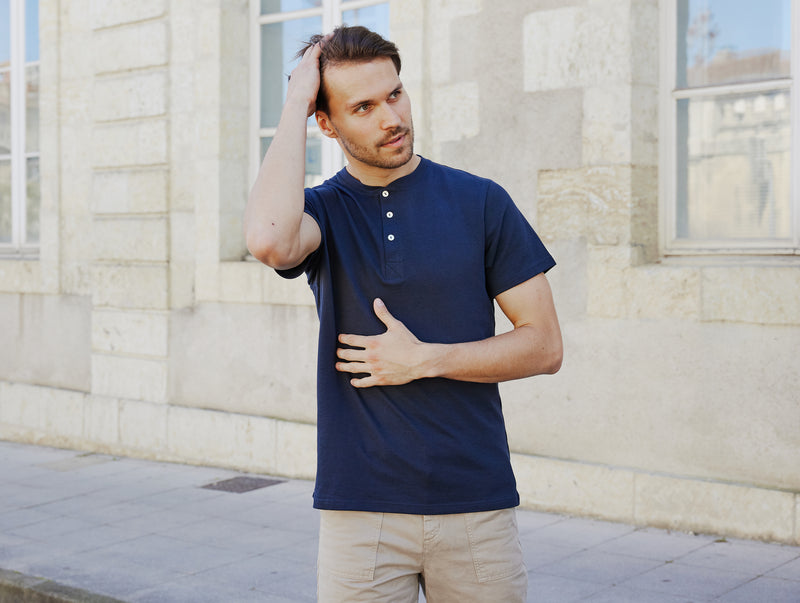 Pétrone Henley manches courtes coton bio tencel bleu marine homme
