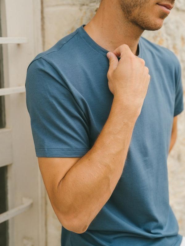 Pétrone T-shirt manches courtes coton bio tencel lyocell bleu céruléen homme