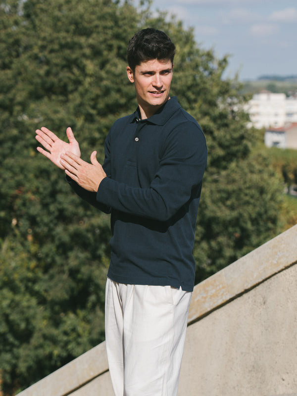 Pétrone Polo manches longues Tencel coton bio bleu marine homme