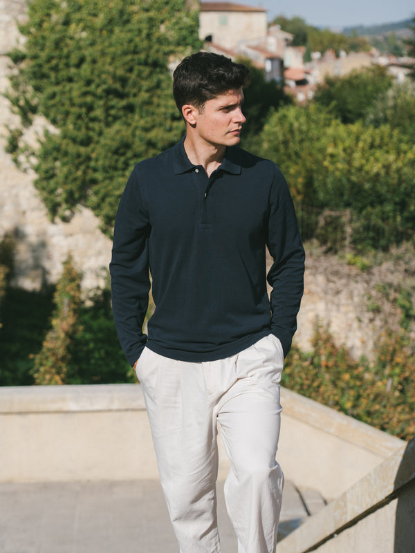 Pétrone Polo manches longues Tencel coton bio bleu marine homme