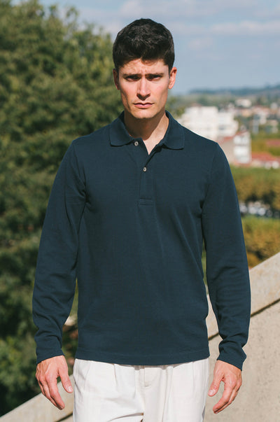 Pétrone Polo manches longues Tencel coton bio bleu marine homme