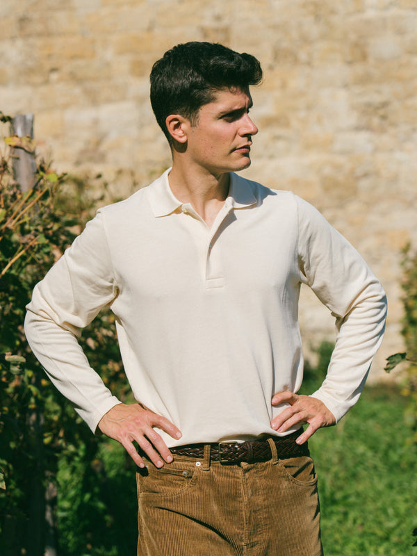 Pétrone Polo manches longues Tencel coton bio écru homme