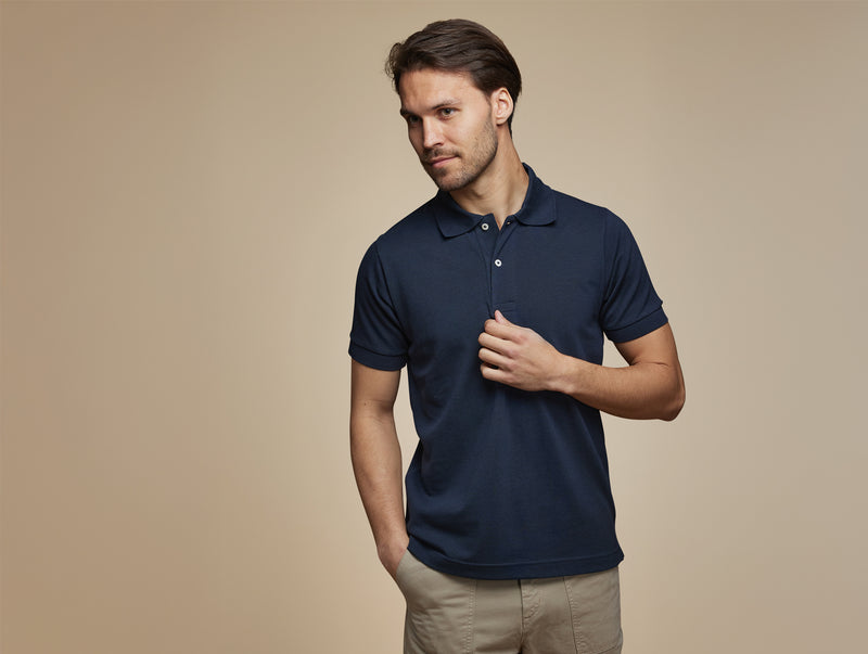 Pétrone Polo manches courtes Tencel coton bio bleu marine homme