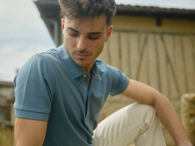 Pétrone Polo manches courtes Tencel coton bio bleu gris homme