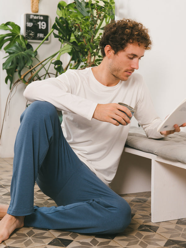 Pétrone pantalon de pyjama coton biologique tencel lyocell bleu céruléen homme