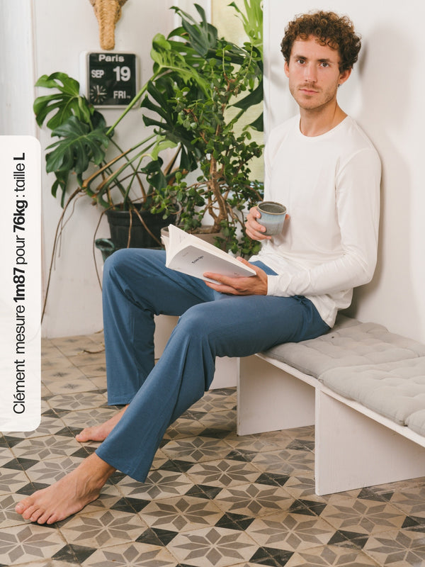 Pétrone pantalon de pyjama coton biologique tencel lyocell bleu céruléen homme