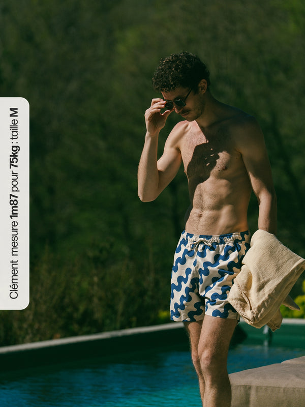 Pétrone short bain polyester recyclé vagues bleues homme