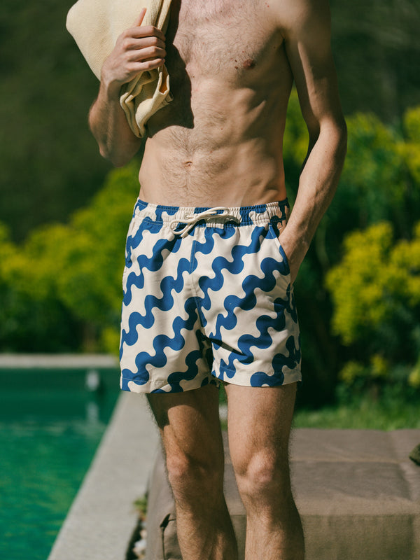 Pétrone short bain polyester recyclé vagues bleues homme