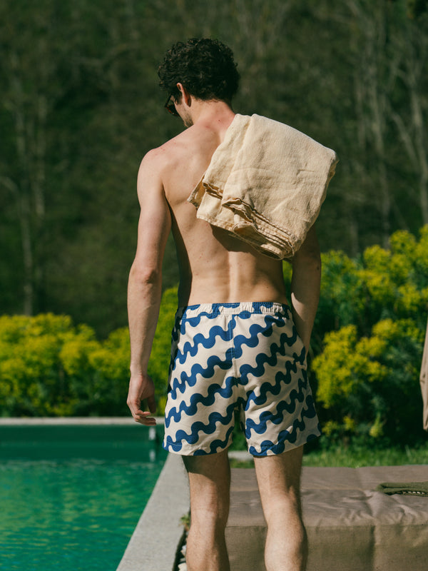 Pétrone short bain polyester recyclé vagues bleues homme