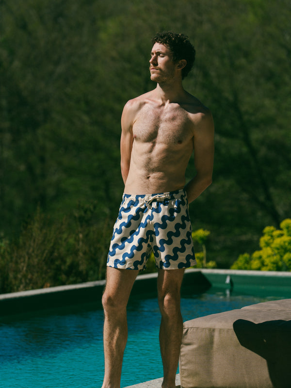 Pétrone short bain polyester recyclé vagues bleues homme