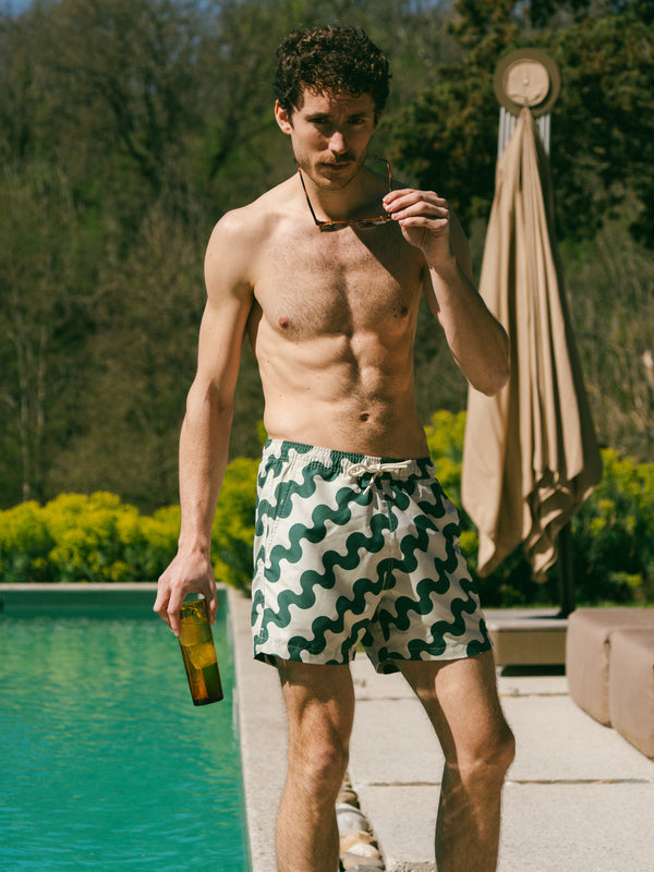 Pétrone short bain polyester recyclé vagues vertes homme