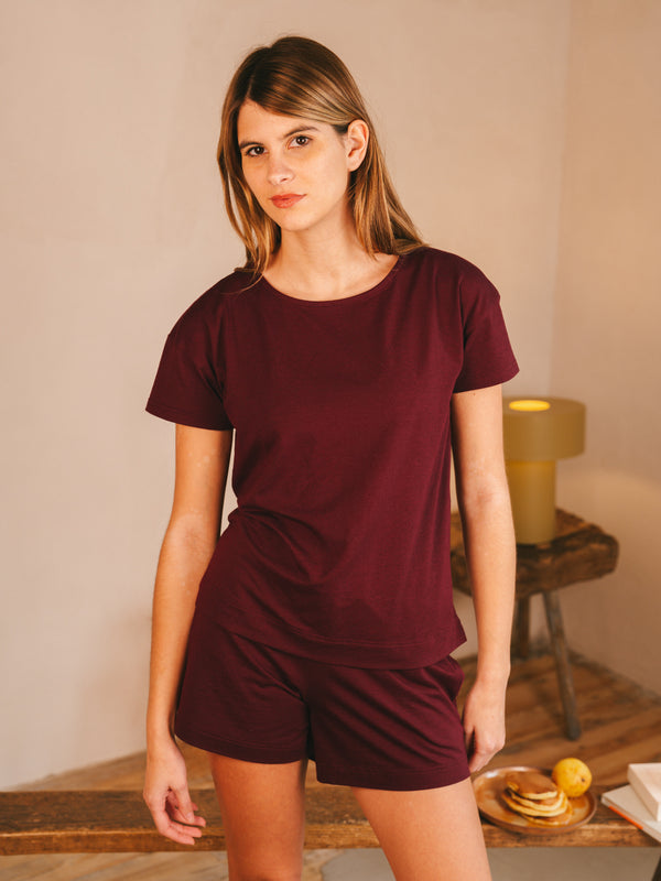 Pétrone t-shirt boxy coton bio tencel lyocell bordeaux foncé femme