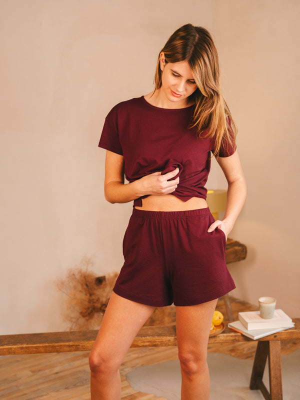 Pétrone t-shirt boxy coton bio tencel lyocell bordeaux foncé femme