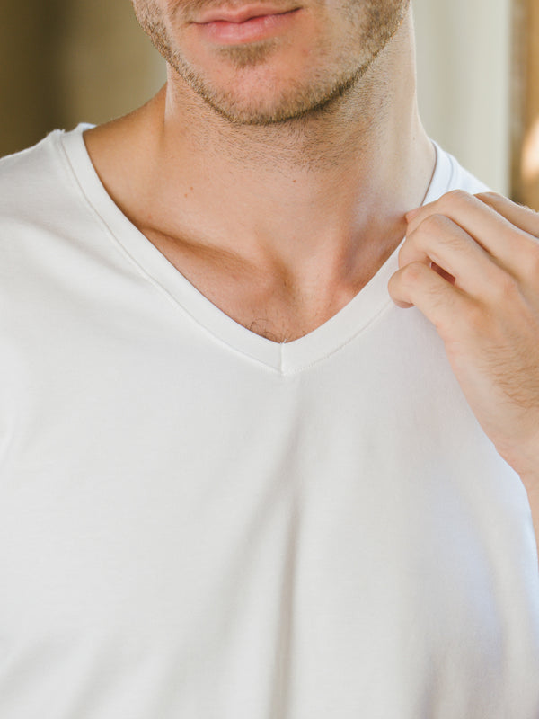 Pétrone T-shirt col V coton bio tencel lyocell blanc homme