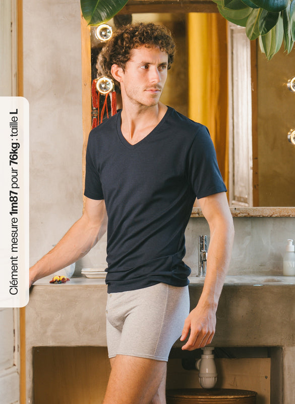 Pétrone T-shirt col V coton bio tencel lyocell bleu marine homme