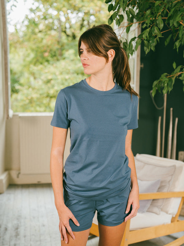 Pétrone T-shirt manches courtes coton pima micromodal bleu céruléen femme